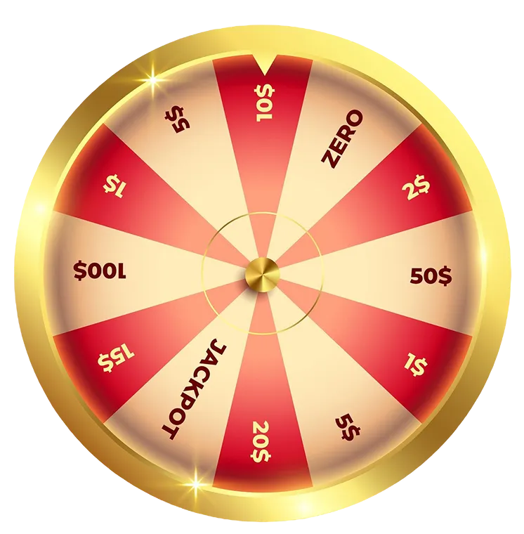 A gold-edged prize wheel with red and cream segments showing monetary amounts from $1 to $100 and a jackpot and zero segment.