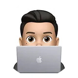 Digital avatar of a person with dark hair looking over a silver laptop with an Apple logo.