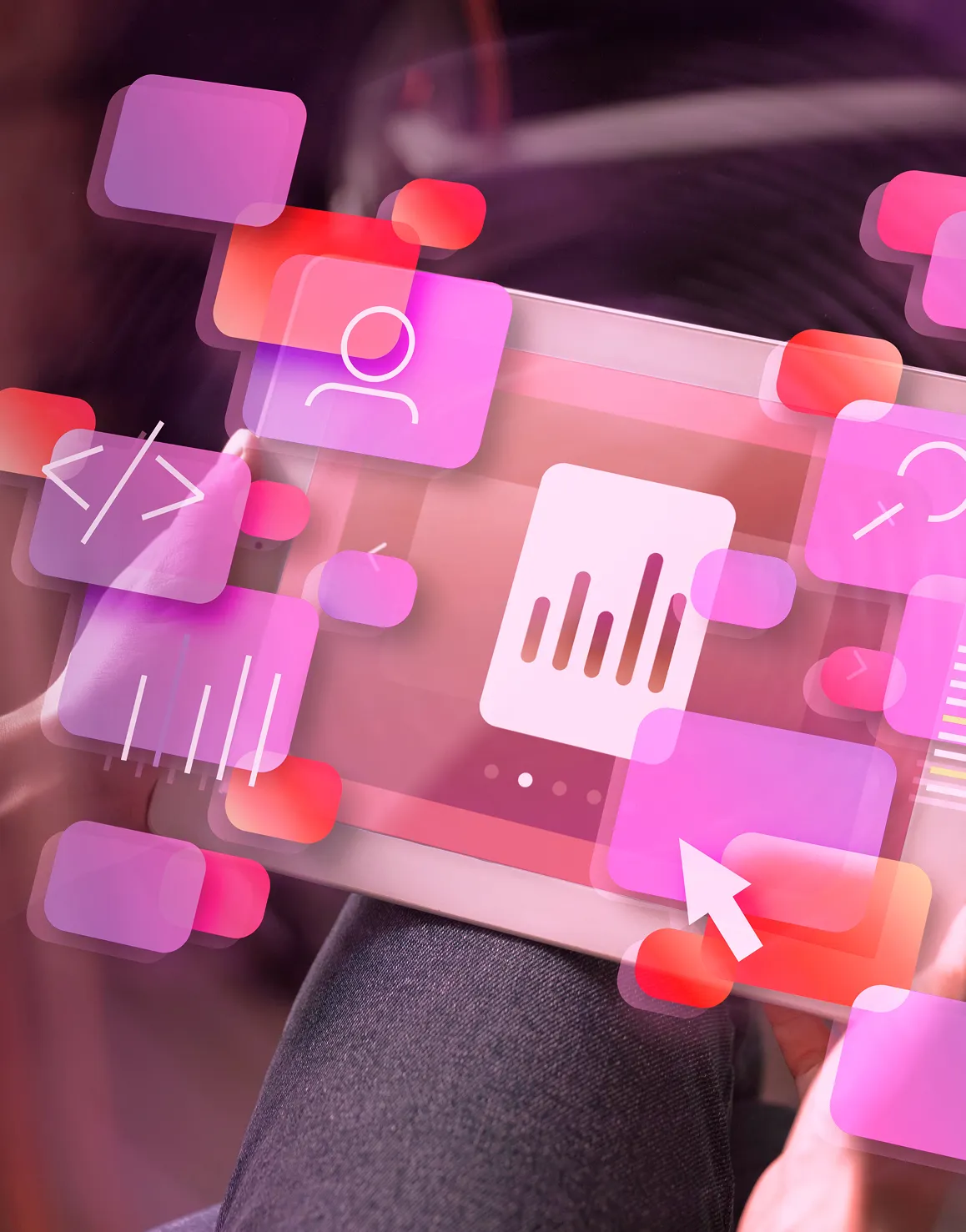 Person holding a tablet displaying a bar chart icon amidst floating translucent pink and red digital interface elements.