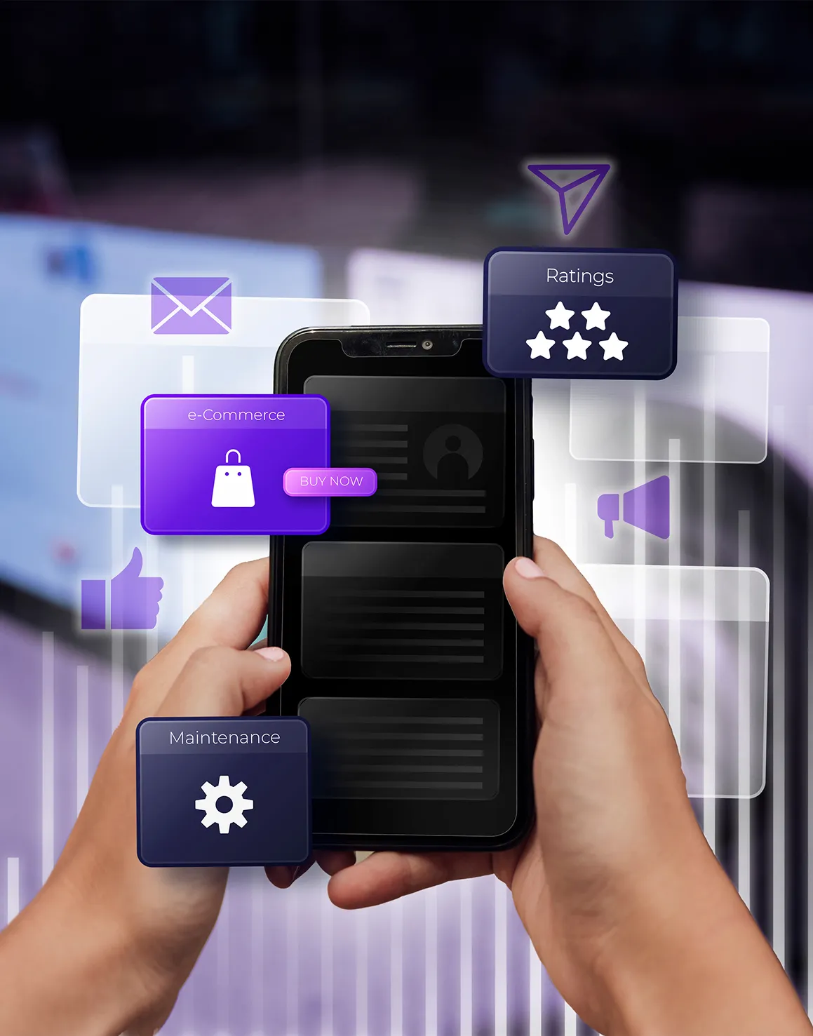 Hands holding a smartphone with floating icons showing e-commerce, ratings, maintenance, email, and social media symbols.