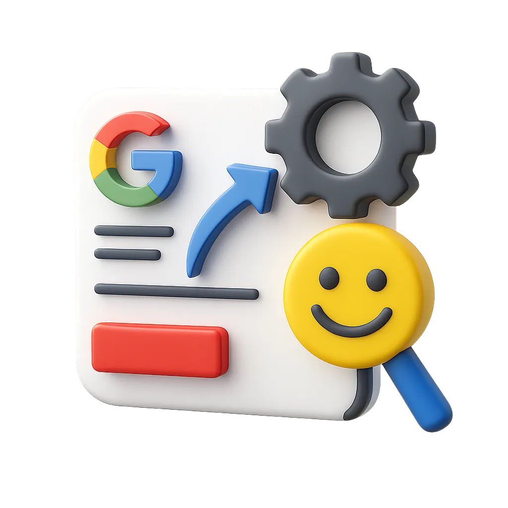 3D illustration of a Google logo, blue upward arrow, gear icon, and smiling face on a white card.