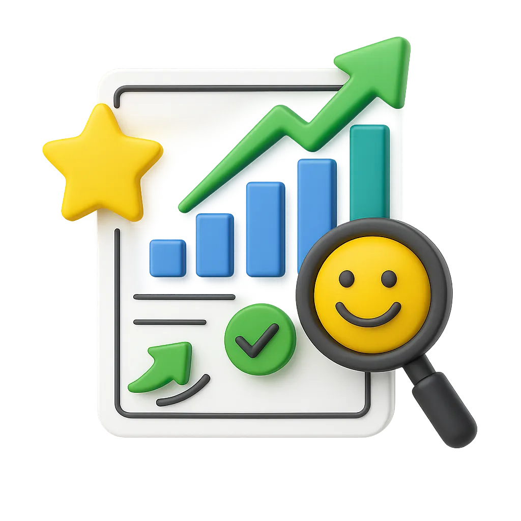 3D illustration of a report with blue bar chart, green upward arrow, yellow star, green checkmark, and magnifying glass showing a smiling emoji.
