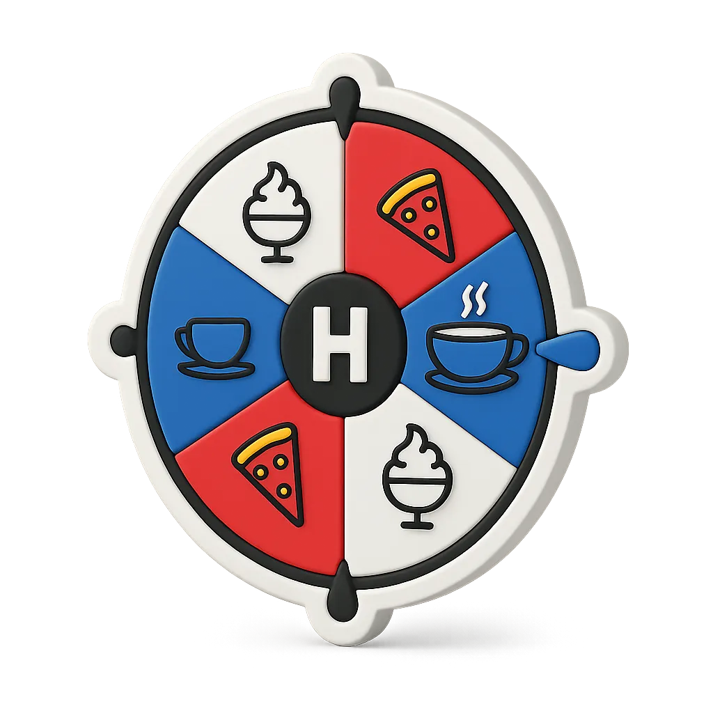 A colorful spinning wheel divided into six sections with icons of pizza slices, coffee cups, and ice cream sundaes, centered around a black circle with a white letter H.