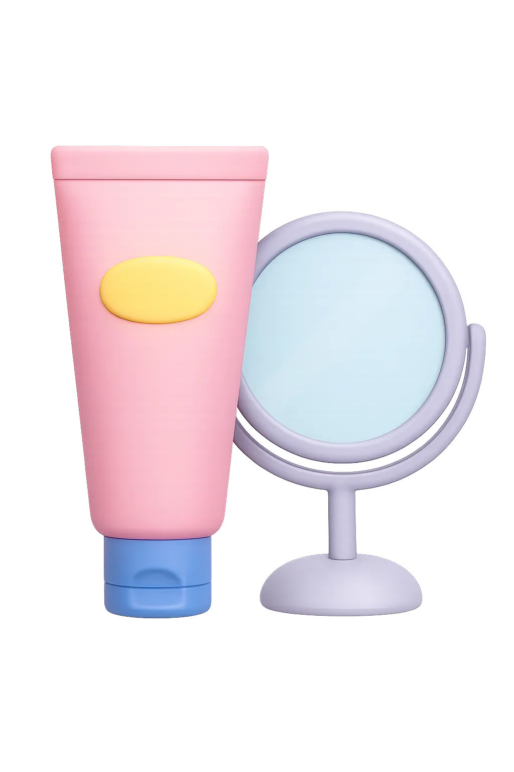 Pink cosmetic tube with blue cap next to a round tabletop mirror with a lavender frame.