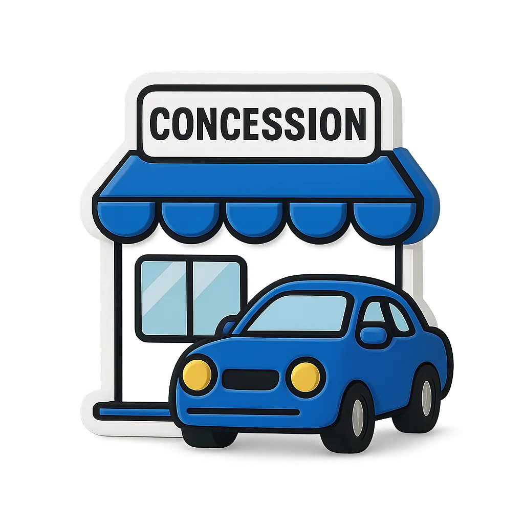 Cartoon-style illustration of a blue car parked in front of a concession stand with a blue awning.