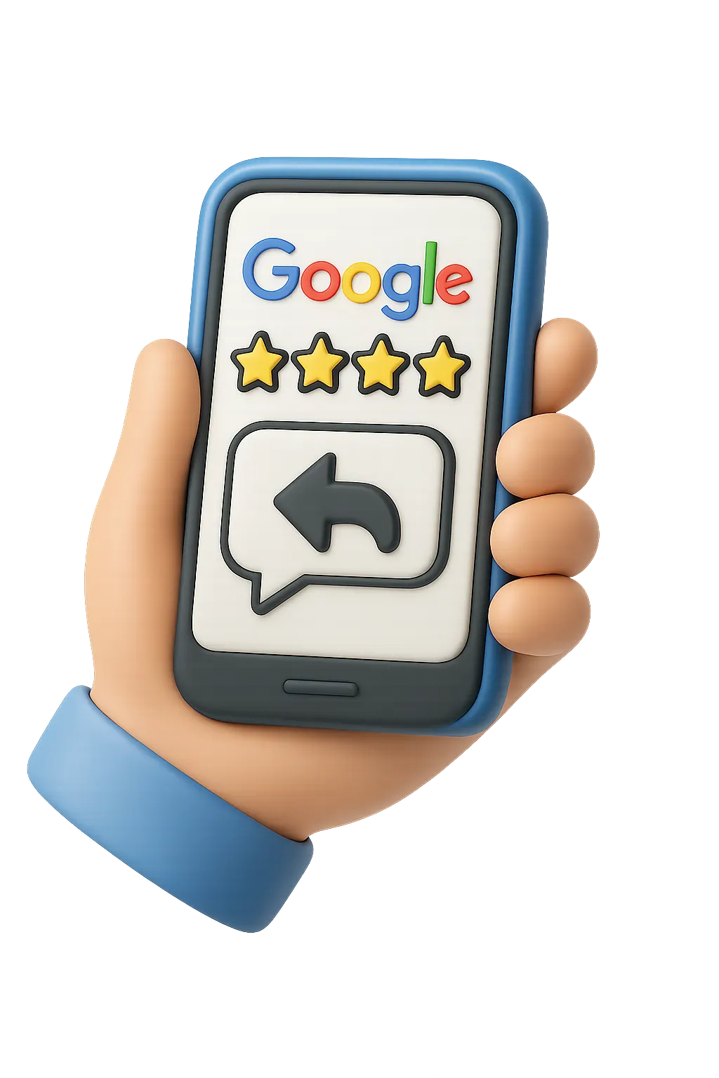 Hand holding a smartphone displaying the Google logo, four yellow stars, and a reply arrow inside a speech bubble.