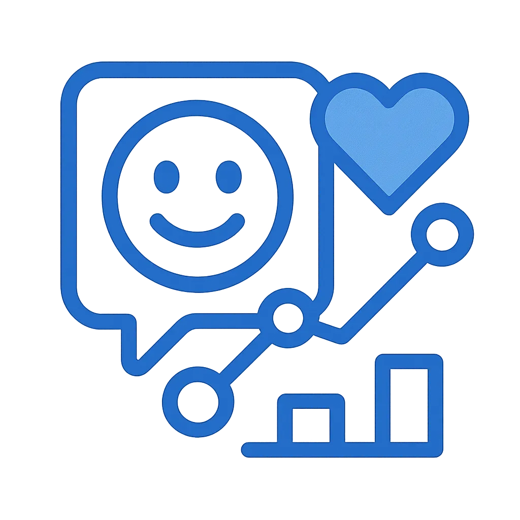 Blue line art showing a speech bubble with a smiling face, a heart shape connected by a rising line graph with circular nodes, and a small bar chart.