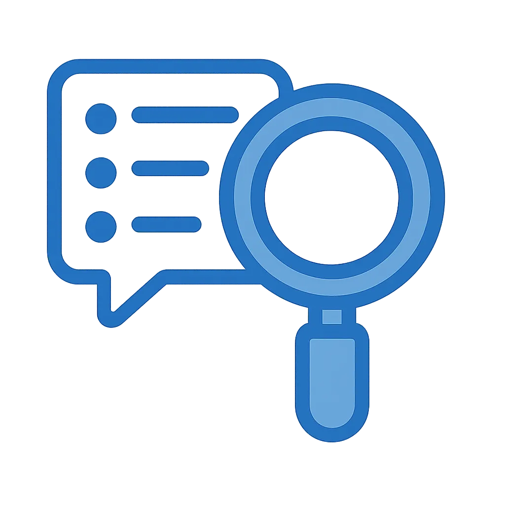 Blue magnifying glass overlapping a speech bubble with three horizontal lines and dots, symbolizing message search or review.