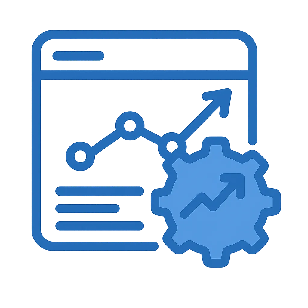 Icon of a web browser window displaying a line graph with data points and an upward arrow inside a gear symbol indicating optimization or growth.