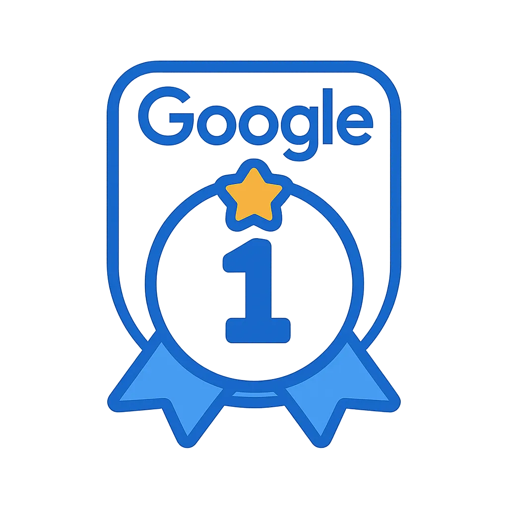 Google badge with a blue ribbon, number 1, and a gold star.
