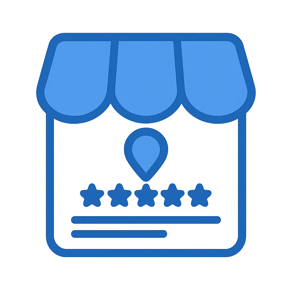Blue store icon with a location pin above five stars and lines representing text.
