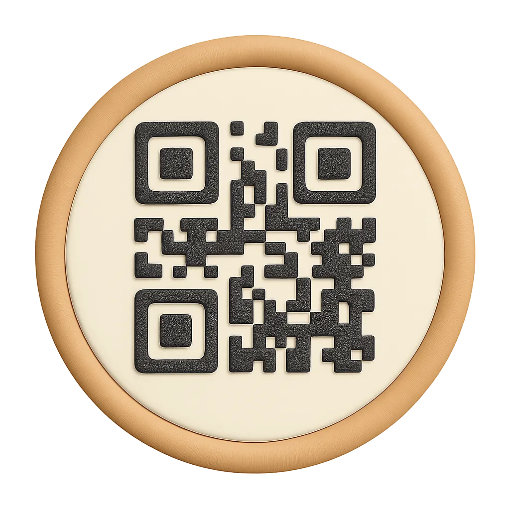 3D QR code in black on a beige circular background with a light brown outer ring.